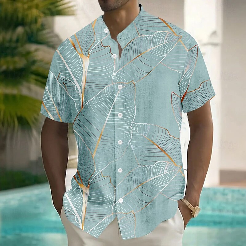 Men's Palm Leaf Tropical Plants Summer Hawaiian Shirt Button Up Shirt Stand Collar Shirt Short Sleeve Hawaiian Vacation Dailywear Beach Wear Summer Spring Mandarin Collar 3D Print Linen Like Shirt