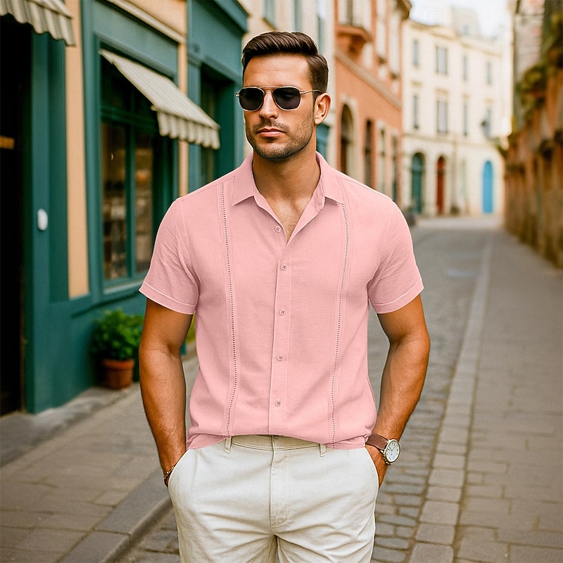 Men's Shirt Linen Shirt Summer Shirt Beach Shirt Summer Hawaiian Shirt Solid Color Vacation Street White Pink Light Blue Short Sleeve Collar Summer Spring & Summer Clothing Apparel Patchwork4