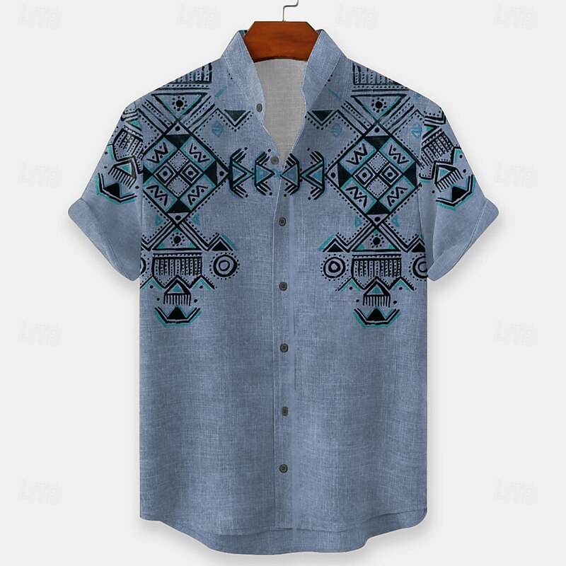 Men's Geometric Indian Ethnic Shirt Button Up Shirt Stand Collar Shirt Short Sleeve Vintage Retro Vacation Dailywear Beach Wear Summer Spring Mandarin Collar 3D Print Linen Like Shirt Light Green4