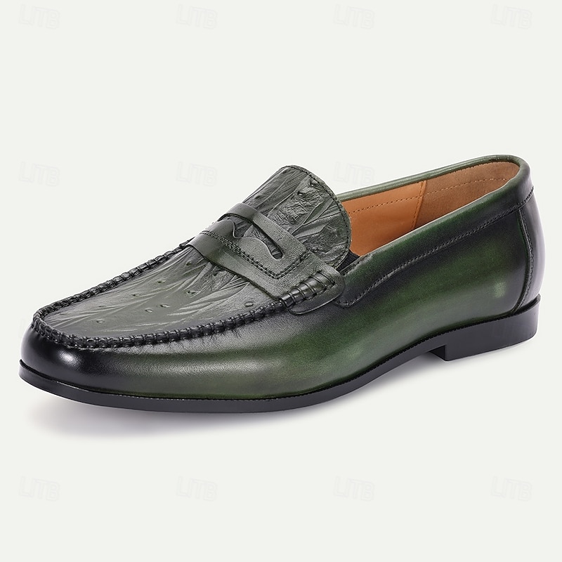 Men's Green Leather Loafers with Crocodile Pattern – Kentucky Derby Shoes for Casual and Semi-Formal Events2