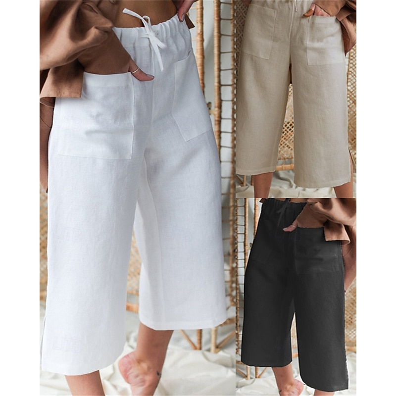 Women's Cotton Linen Pants Palazzo Pants Fashion Streetwear Comfort Calf-Length Mid Waist Plain Elastic Waist Comfy Outdoor Comfortable Street Daily Wear Going out Black White Khaki Summer Regular Fit