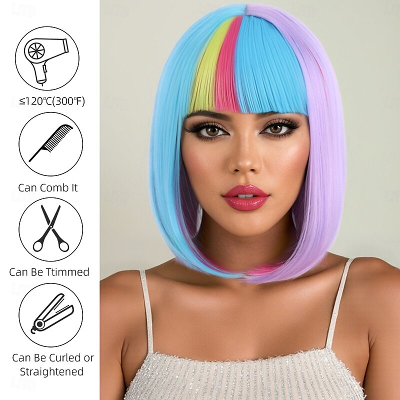 Synthetic Wig kinky Straight Natural Straight Layered Haircut Neat Bang Machine Made Wig 12 inch A1 Synthetic Hair Women's Soft Classic Color Gradient Mixed Color3