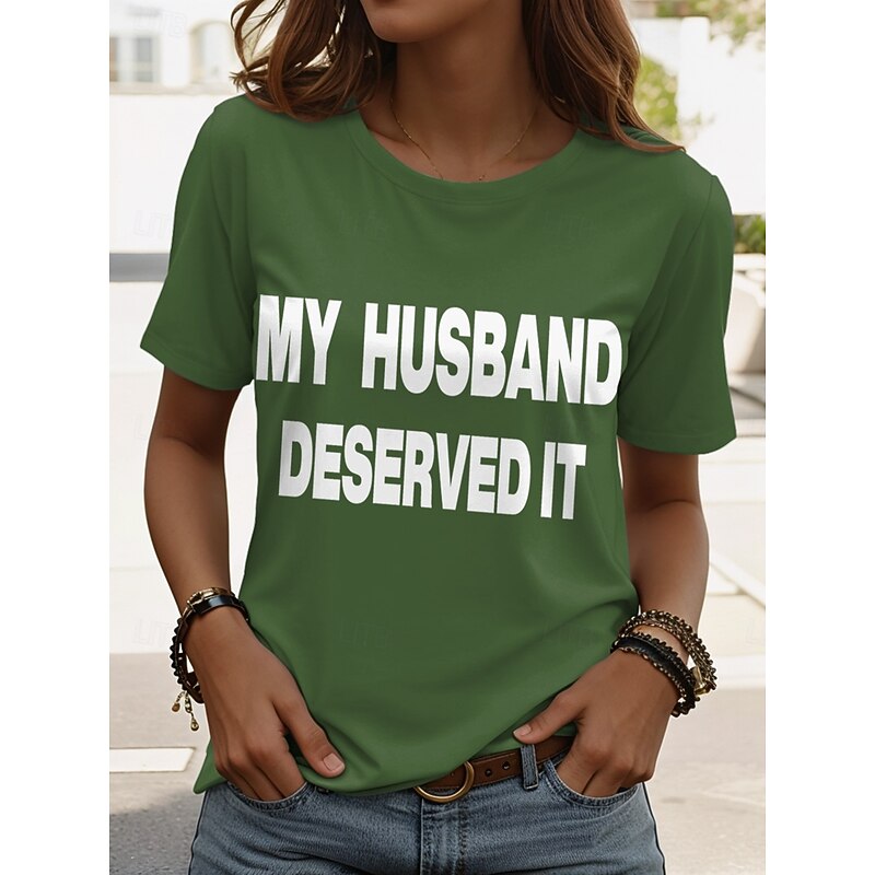 Women's T Shirt Graphic Letter Vintage Stylish Classic Short Sleeve Crew Neck Regular Tops Daily Weekend Print Black White Pink Army Green Red Summer Spring Ridicule Husband