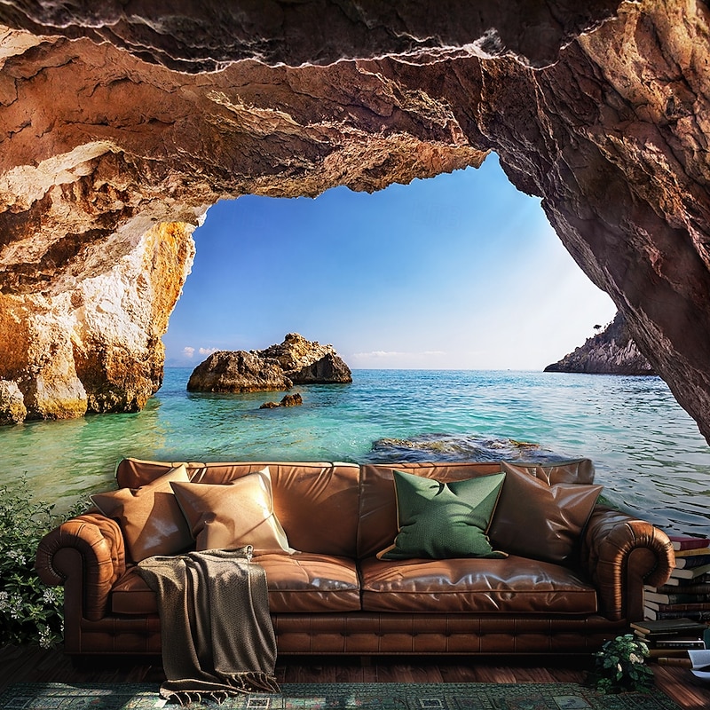 Landscape Ocean Cave Tapestry Large Tapestry Mural Decor Photograph Backdrop Blanket Curtain Home Bedroom Living Room Decoration3