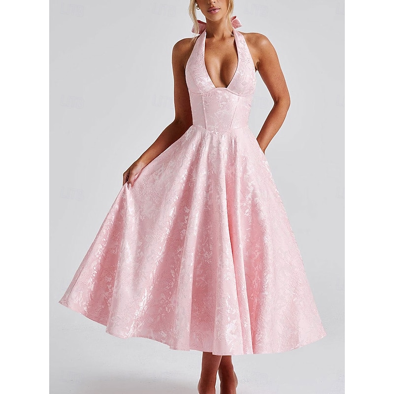 A-LineDress Jacquard Dress Semi Formal Cocktail Dress Wedding Midi Length Sleeveless Halter Neck Bow Backless with Lace Up Detail Wedding Guest Dress3