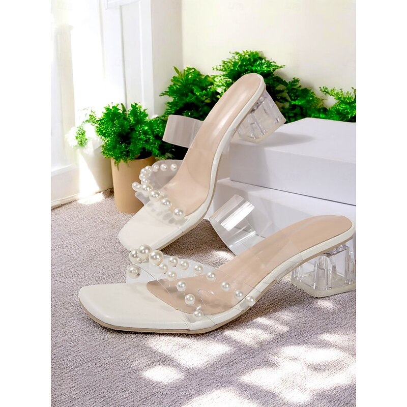 Women's Clear PVC Heels with Pearl Accents and Block Heel, Perfect for Weddings and Formal Events4