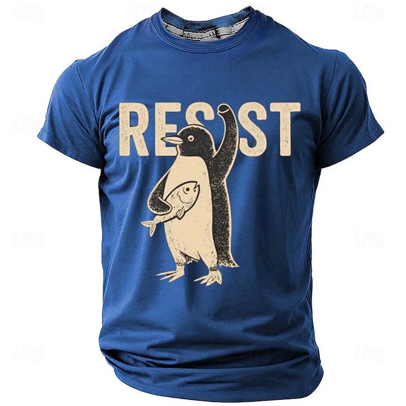 Men's Graphic T-Shirt: Resist Penguin with Fish Design - Short Sleeve Lifestyle Tee