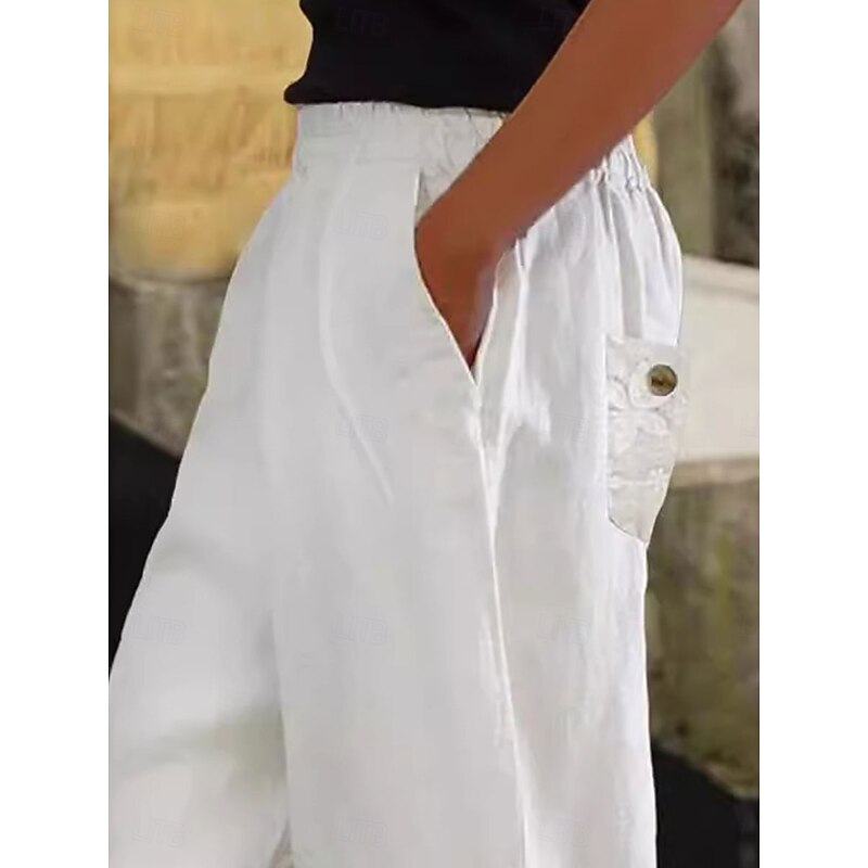 Women's Cotton Linen Pants Baggy Pants Linen Like Solid Color Chinos Fashion Streetwear Basic Ankle-Length Medium Waist Plain Pocket Elastic Waist Comfort Outdoor Micro-elastic Vacation Street Daily2
