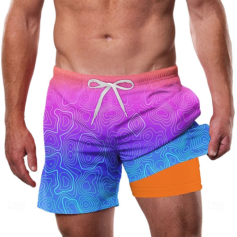 Men's Ocean Gradient Color Lined Shorts 2 in 1 Board Shorts Swim Shorts Mid Waist Hawaiian Vacation Holiday Beach Wear Side Pockets With Compression Liner Elastic Drawstring Waist Designer Clothing2