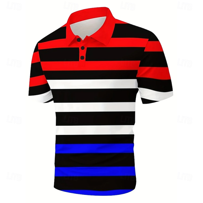 Men's Horizontal Stripes Polo Short Sleeve Polo Shirts Collared Shirts Business Casual School Outdoor Daily Wear 3D Print Summer Red2