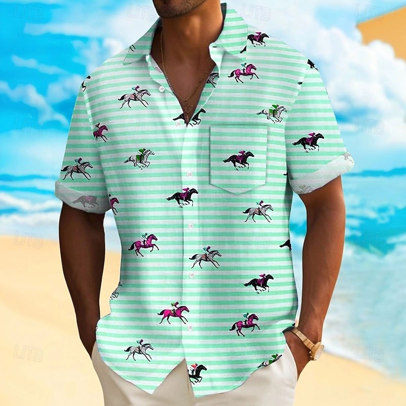 Kentucky Derby Men's Striped Horse Racing Shirt Casual Shirt Button Up Shirt Short Sleeve Fashion Casual Vacation Holiday Streetwear Summer Spring Turndown 3D Print Collared Shirts Front One Pocket4