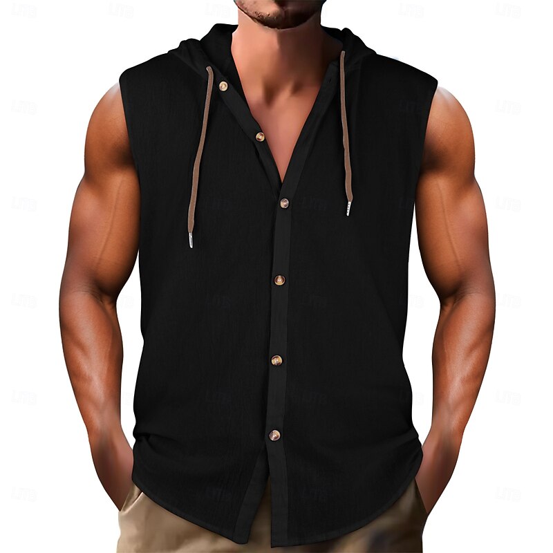 Men's Shirt Linen Shirt Summer Shirt Beach Wear Hooded Shirt Sleeveless Shirt Solid Color Vacation Street Black White Navy Blue Sky Blue Sleeveless Hoodie Summer Spring Clothing Apparel2