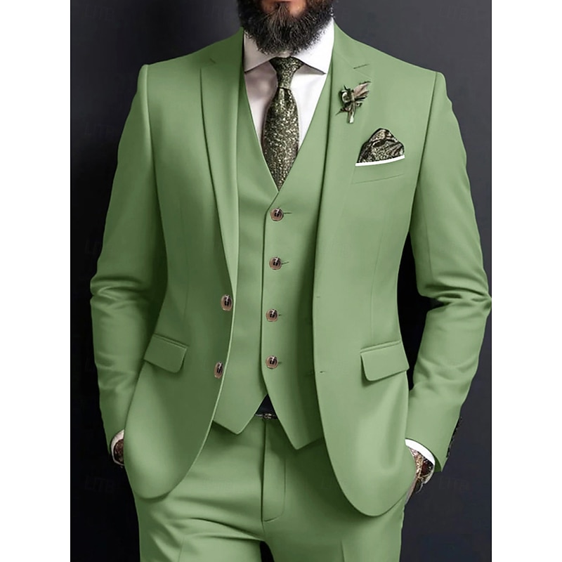 Men's Wedding Business Suits Notch Lapel Sage Formal Solid Colored Standard Fit 3 Piece Single Breasted Two-buttons2