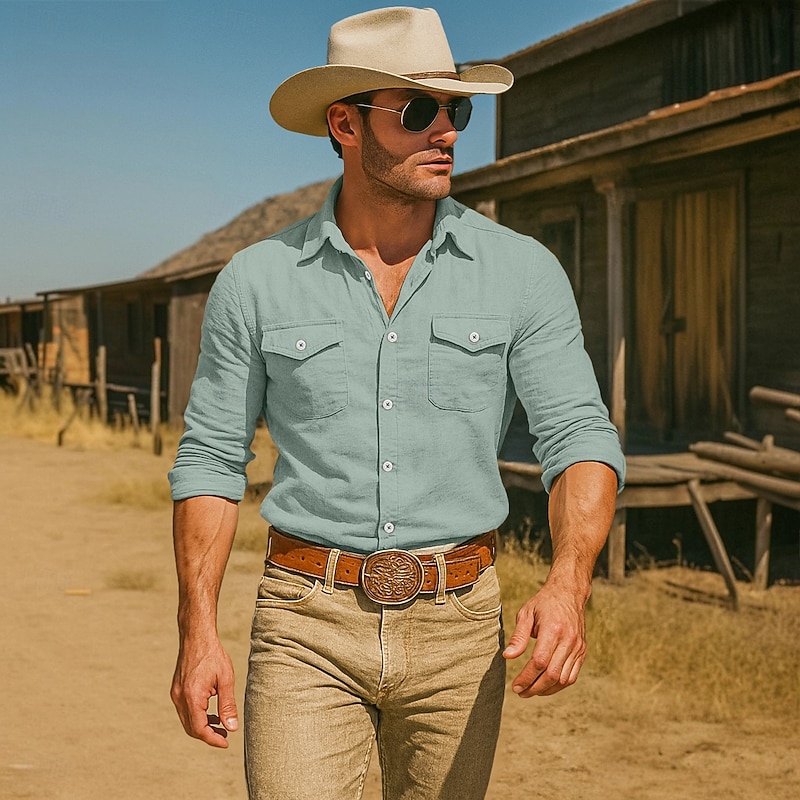 Men's Shirt Linen Shirt Summer Shirt Beach Wear Western Shirt Button Up Shirt Solid Color Vacation Street White Green Khaki Light Blue Long Sleeve Fold-over Collar Summer Clothing Apparel Pocket3