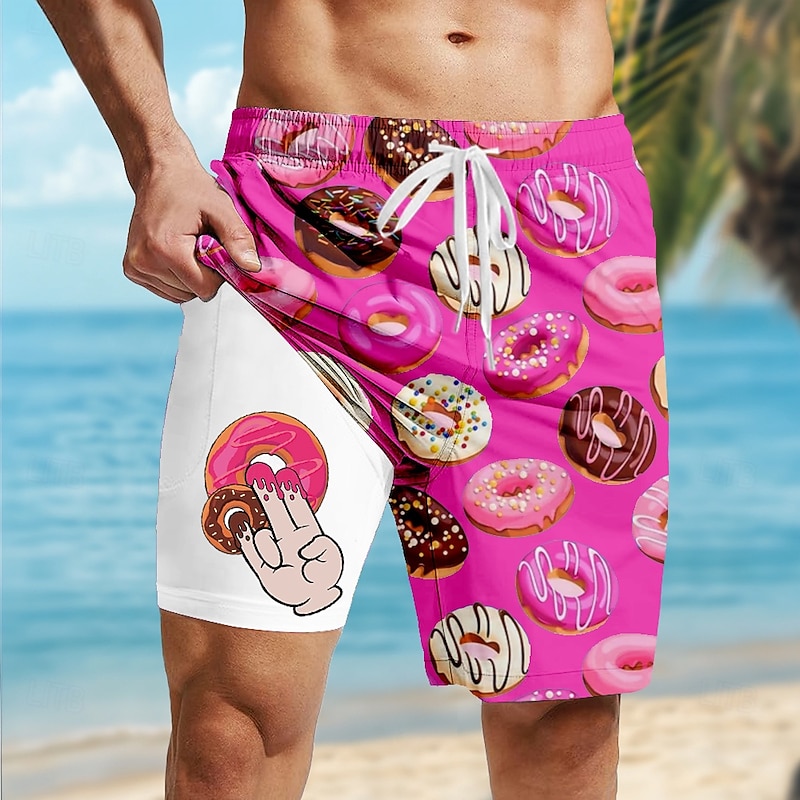Men's Funny Donuts Lined Shorts 2 in 1 Board Shorts Swim Shorts Mid Waist Hawaiian Vacation Holiday Beach Wear Side Pockets With Compression Liner Elastic Drawstring Waist Designer Clothing Apparel2