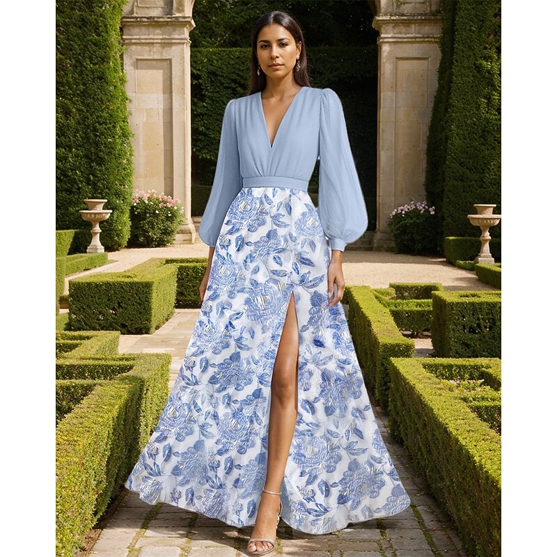 Floral Brodace Chiffon Gown Celebrity Style Dress Formal Wedding Guest Plunge Neck Puff Sleeve With Slit Floor Length Wedding Guest Dress