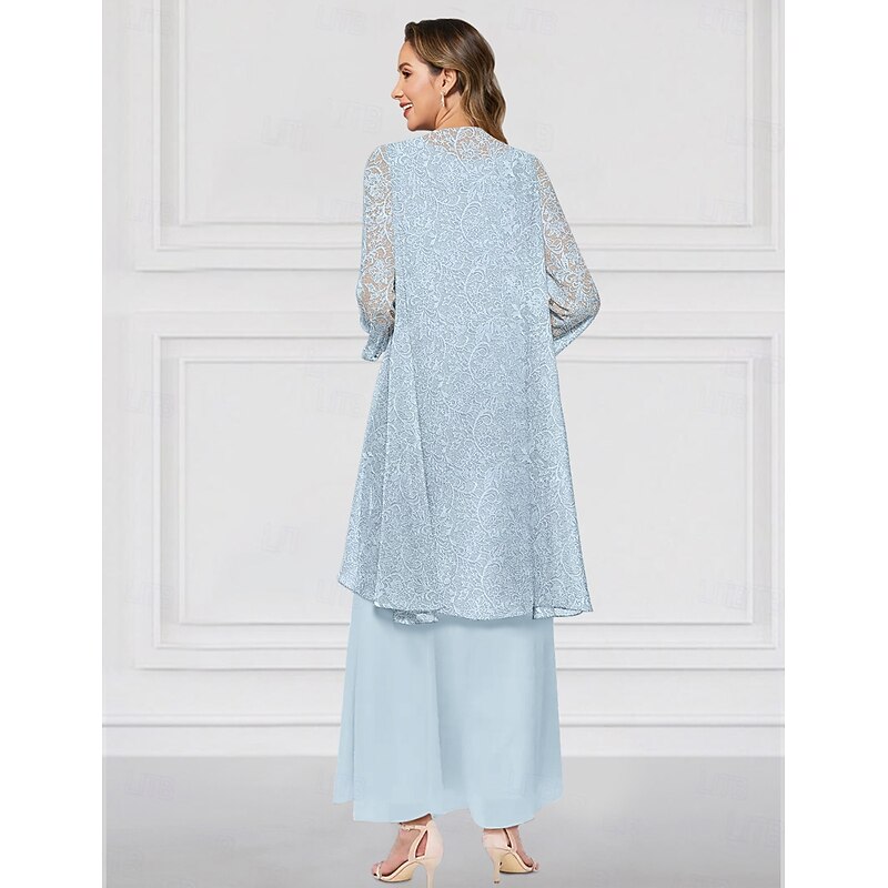 Two Piece A-Line Dress Sets Mother of the Bride Dress Elegant Crew Neck Ankle Length Chiffon Long Sleeve Jacket Dresses with Lace Ruffles Tier3