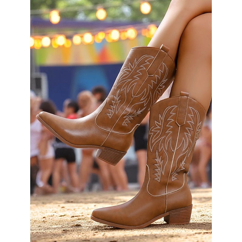 Women's Brown Bohemian Western Cowboy Boots – Classic Stitching with Block Heel for Music Festivals, Casual & Outdoor Wear