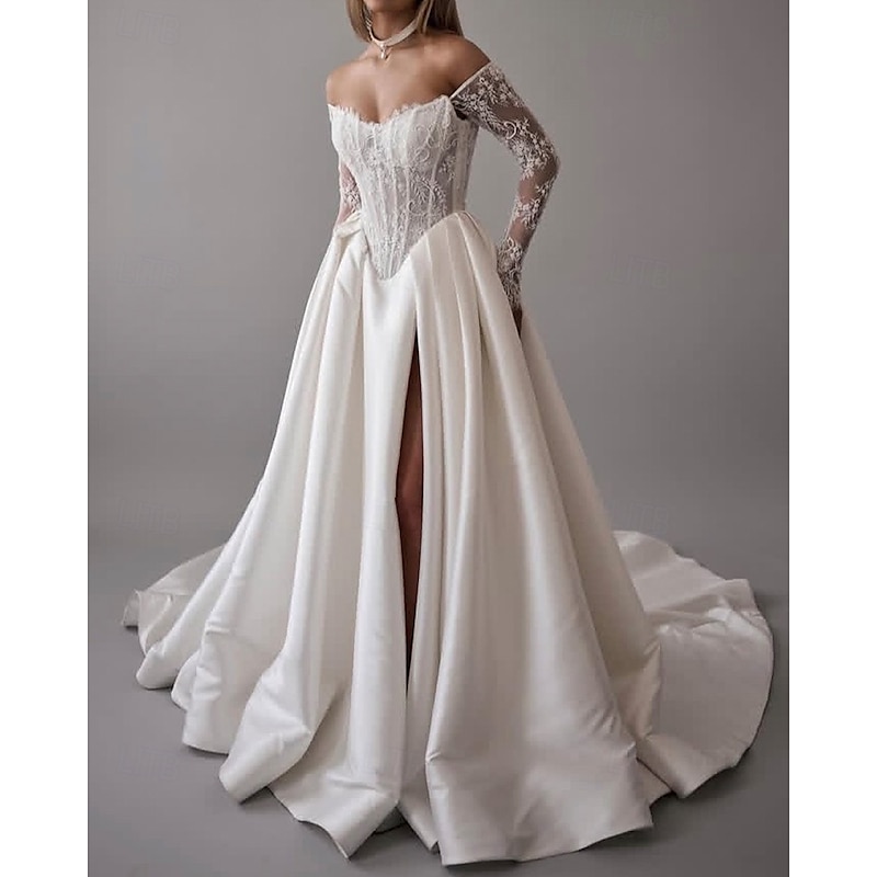 Bustier Drop Wait Wedding Dresses Ball Gown Off Shoulder With Detachable Sleeve Chapel Train Satin Bridal Gowns With Floral Lace Applique3