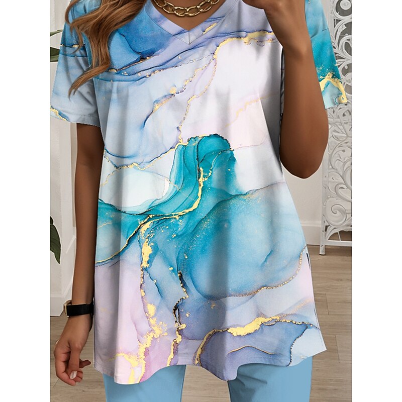 Women's 2 Pieces Fashion T Shirt Shorts Sets Short Sleeve V Neck Graphic Geometric Print Daily Casual Daily Blue Green Summer Regular Fit3