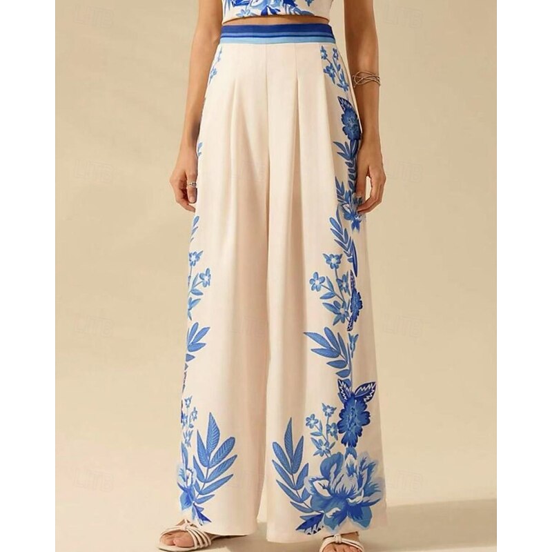Women's Culottes Wide Leg Slacks Fashion Streetwear Full Length Natural Flower Elastic Waist Printing Comfy Comfortable Outdoor Vacation Street Black White Blue Summer Regular Fit4