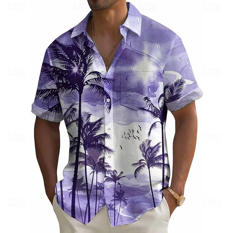 Men's Coconut Tree Tropical Plants Shirt Summer Hawaiian Shirt Button Up Shirt Short Sleeve Hawaiian Vacation Holiday Beach Wear Summer Turndown 3D Print Front One Pocket Linen Like Shirt Blue Purple2