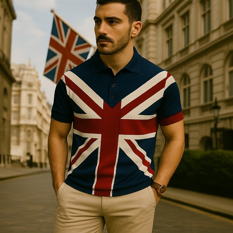 Men's UK Flag Polo Short Sleeve Polo Shirts Collared Shirts Casual Outdoor Daily Wear 3D Print Summer Dark Blue