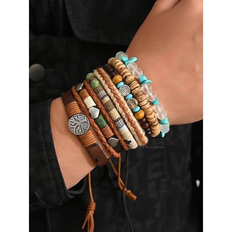 Boho Leather and Bead Bracelet Set for Men and Women – Adjustable Friendship, Tree of Life Charm – Vintage Handmade Tribal Accessories for Casual Wear, Festivals and Daily Fashion