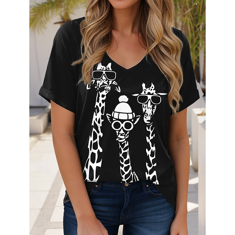 Women's T Shirt Graphic Animal Giraffe Elegant Vintage Casual Short Sleeve V Neck Regular Tops Daily Weekend Vacation Wear Print Black White Blue Purple Summer4