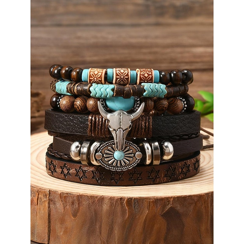 Men's Leather Beaded Western Bracelet Set with Turquoise Stones, Cow Skull Design, Boho Style for Casual and Outdoor Wear3