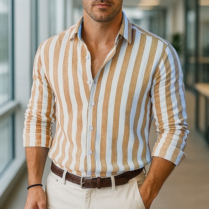 Men's Cotton Linen Shirt Stripe Vacation Daily Wear Red Dark Navy Sky Blue Brown Long Sleeve Lapel Clothing Apparel3