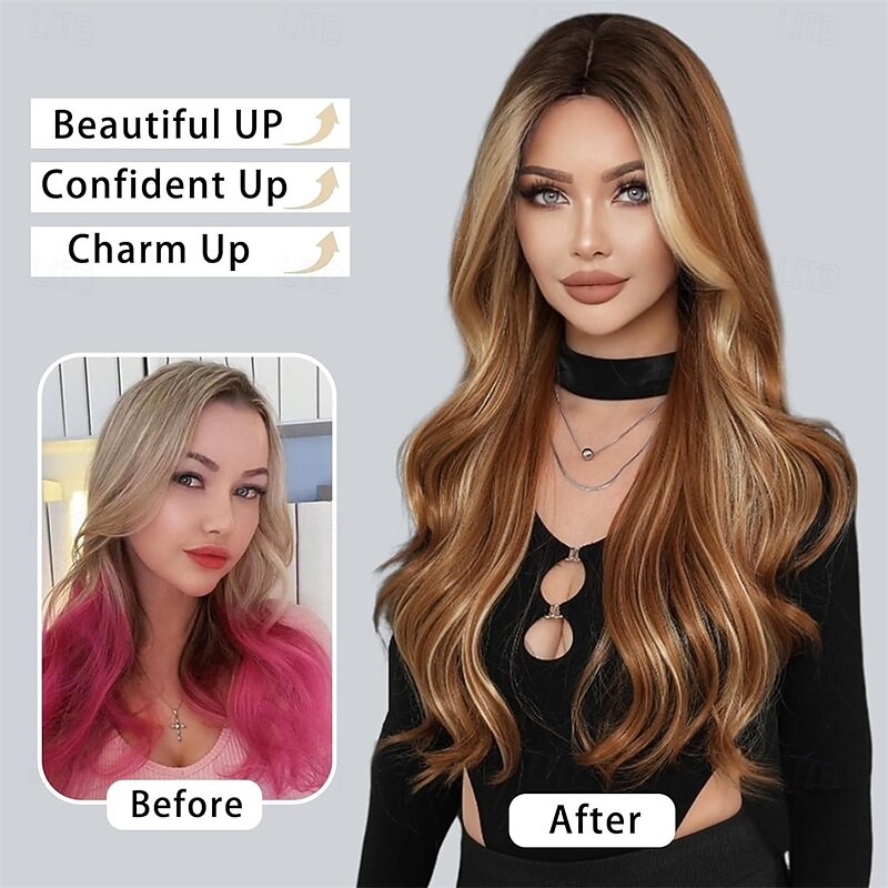 Long Curly Highlight Wig with Curtain Bangs for Women 28 Inch Layered Hair Synthetic Heat Resistant Wig Natural Looking Wigs Daily Use4