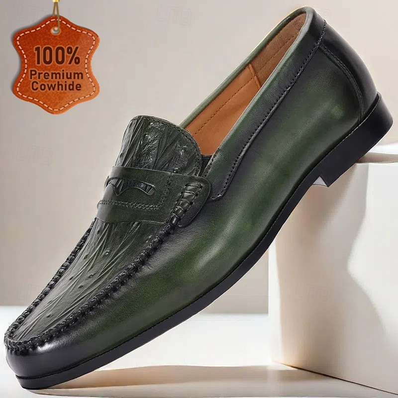Men's Green Leather Loafers with Crocodile Pattern – Kentucky Derby Shoes for Casual and Semi-Formal Events