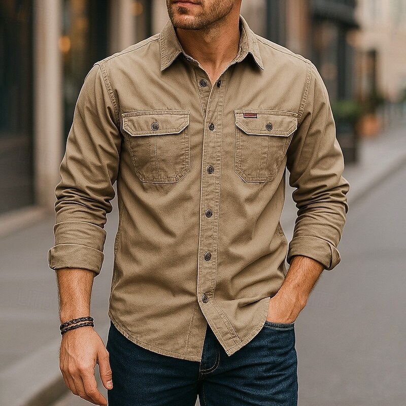 Men's Casual Shirt Work Shirt Button Up Shirt Dark Navy khaki Light Grey Army Green Long Sleeve Solid / Plain Color Lapel Vacation Holiday Button-Down Clothing Apparel Cotton Fashion Casual