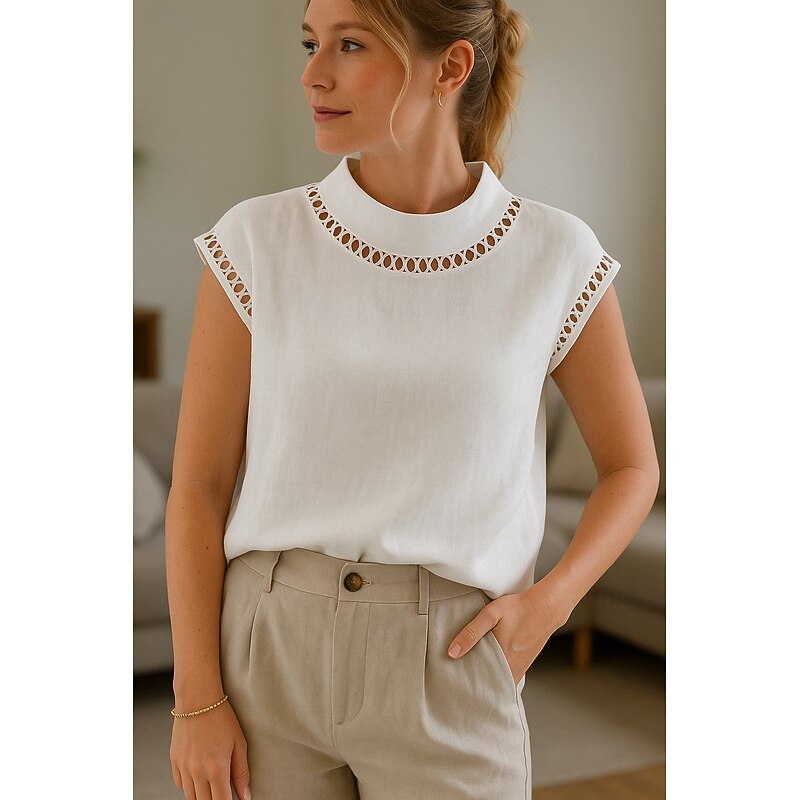 Women's Cotton Linen Shirt Plain Stylish Modern Short Sleeve Turtleneck Regular Tops Daily Holiday Eyelet White Summer2