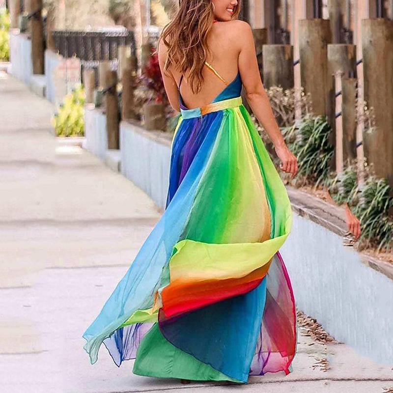 Halloween Dress Rainbow Chiffon Maxi Dress Pride Rainbow Casual Adults' Women's Halloween Carnival Pride Parade Pride Month Easy Halloween Costumes Dress Up3