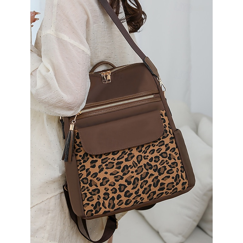 Women's leopard print fabric patchwork backpack, can be carried on one shoulder, with multiple zippers, perfect for school, travel and casual outings