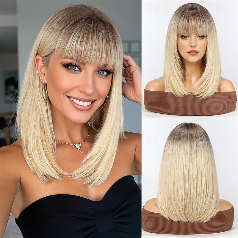 Staright Wig with Fringe Synthetic Mid-length Layered Wigs for Women Blonde Color