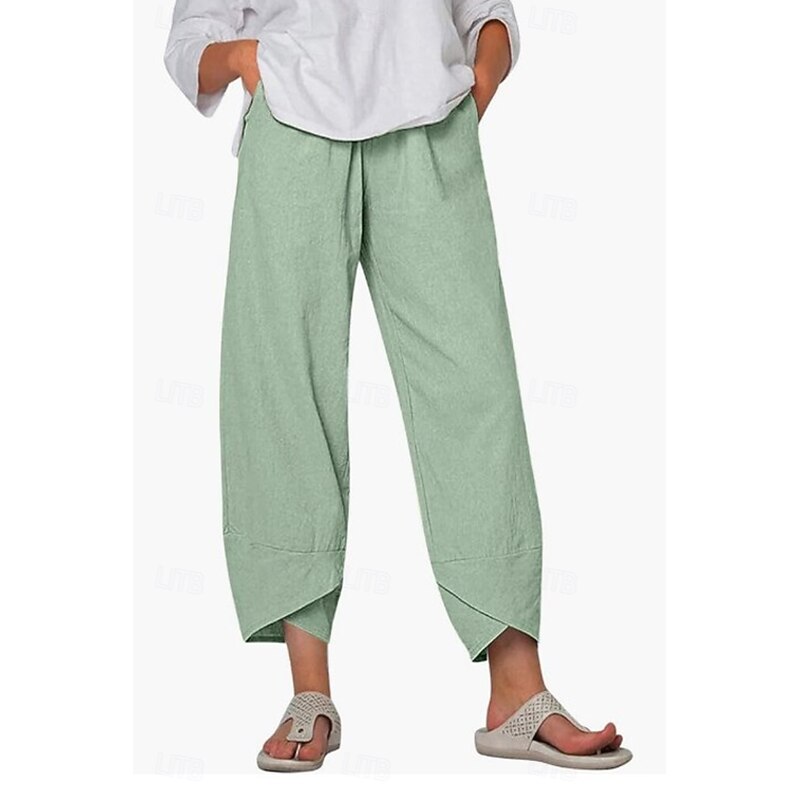 Women's Cotton Linen Pants Slacks Streetwear Casual Ankle-Length Natural Plain Pocket Outdoor Comfortable Street Going out Navy Black White Light Green Summer Regular Fit