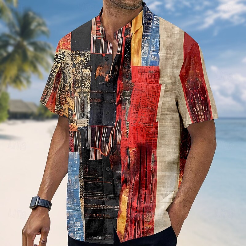 Men's Color Block Patchwork Shirt Stand Collar Shirt Short Sleeve Casual Vacation Dailywear Summer Spring Mandarin Collar Band Collar Grandad Collar Button Up Front One Pocket Linen Like Shirt Red