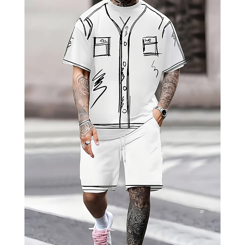 Men's T-shirt Suits 2 Pieces Outfits Tee & Shorts Short Sleeve Crew Neck Summer Graphic Fashion Casual 2 Piece Vacation Daily Wear Going out Black White Top Tee for Men