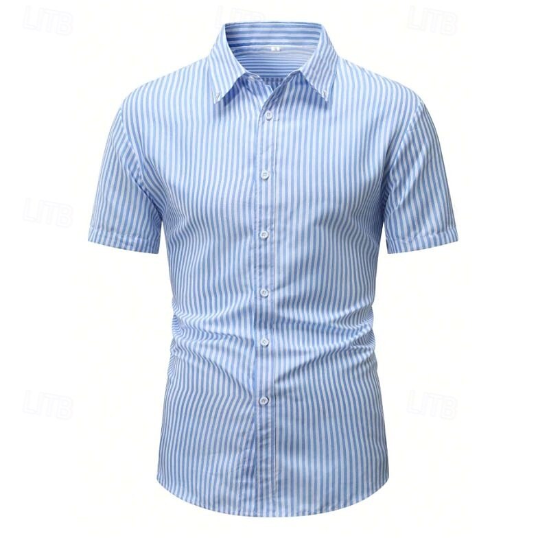 Men's Summer Shirt Casual Shirt Beach Shirt Button Up Shirt Sky Blue Short Sleeve Stripes Lapel Vacation Hawaiian Button-Down Clothing Apparel Polyester Fashion Casual Comfortable