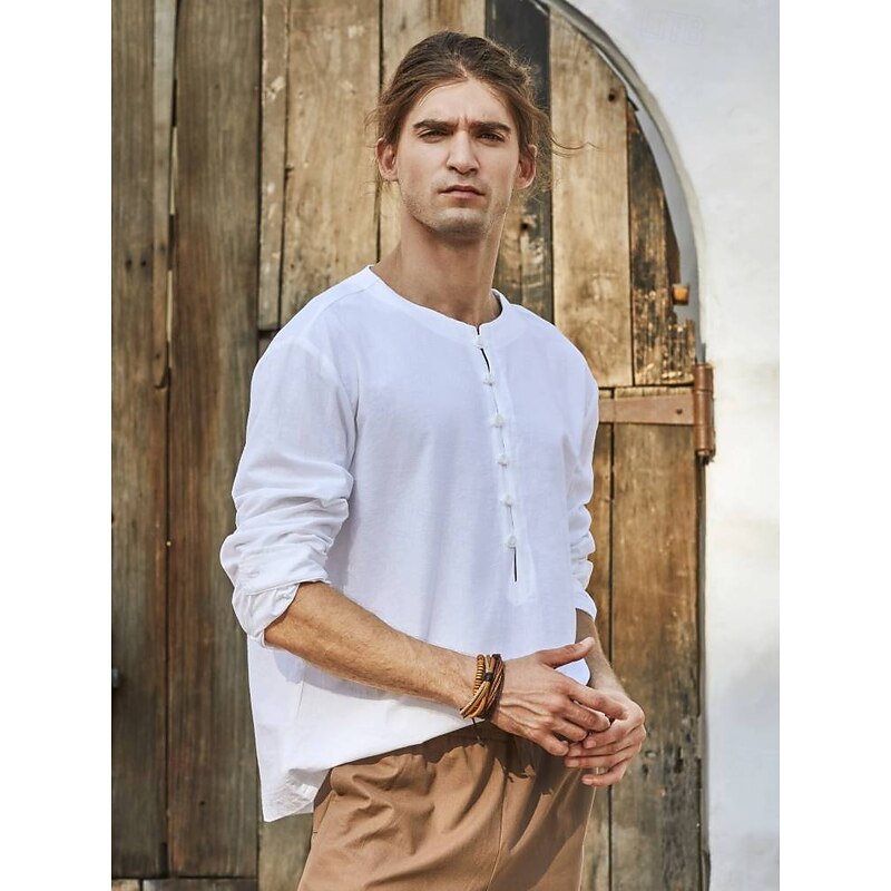 Retro Vintage Medieval Renaissance Shirt Pirate Viking Solid Color Round Neck Fancy Dress Men's Viking Pirate Halloween Carnival Party LARP Ren Faire Adults' Shirt Spring & Summer