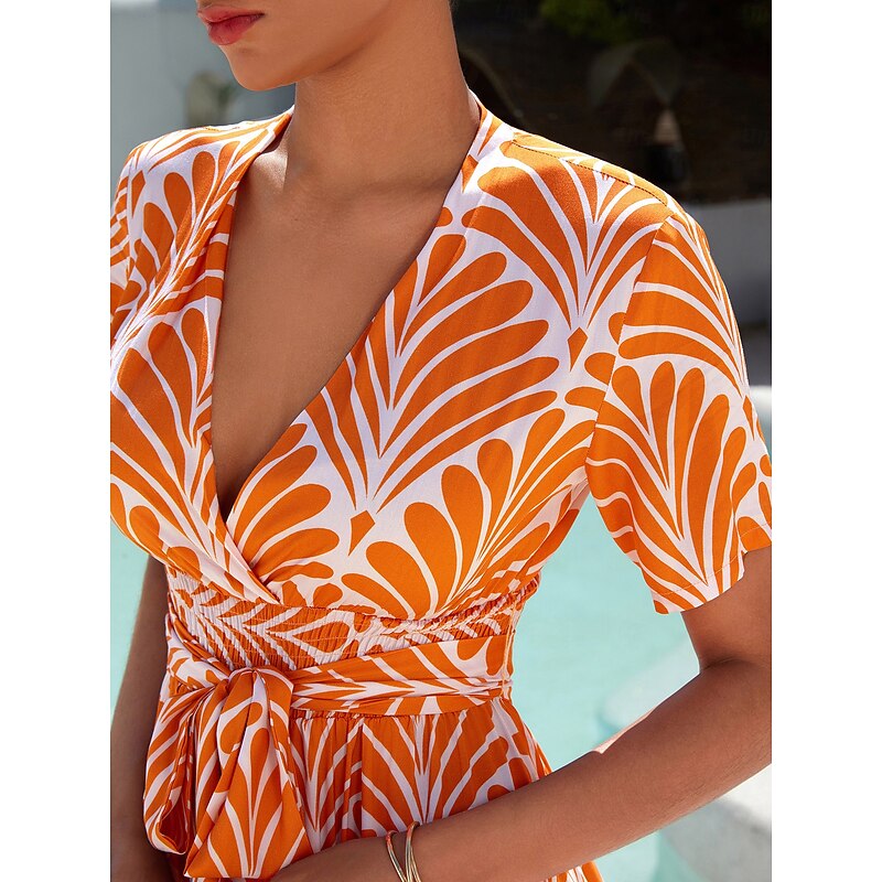 Women's Midi Dress Maxi Dress Orange Short Sleeve Geometric With Belt Spring & Summer V Neck Pattern Dress S M L3
