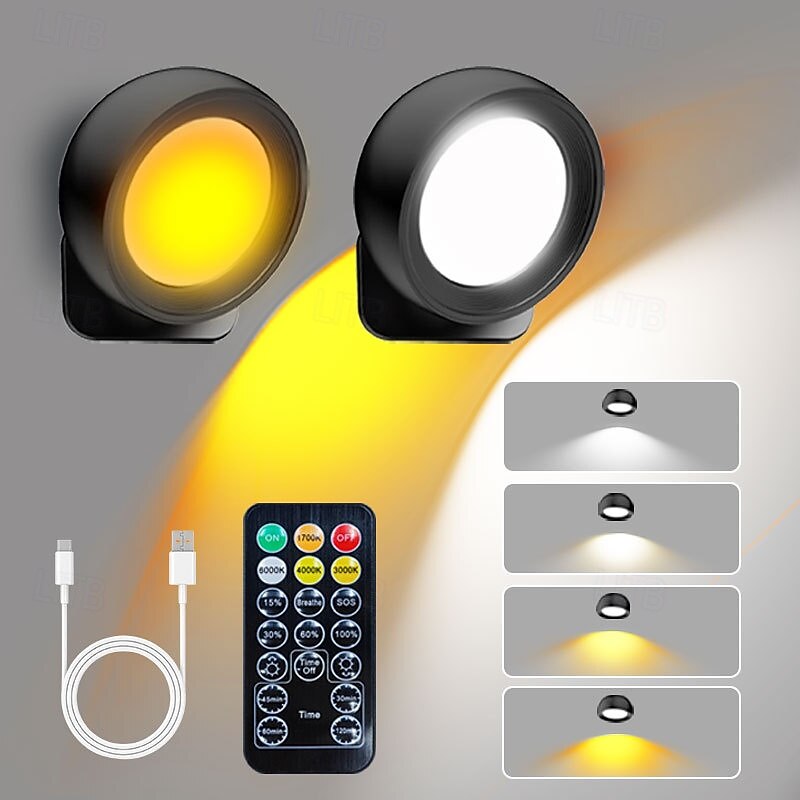 2 Pcs Rechargeable Magnetic Wall Light With Four Adjustable Color Temperatures, Remote Control For Rotatable Reading Lamp, Bedside Wall Lamp, Mural Lamp2