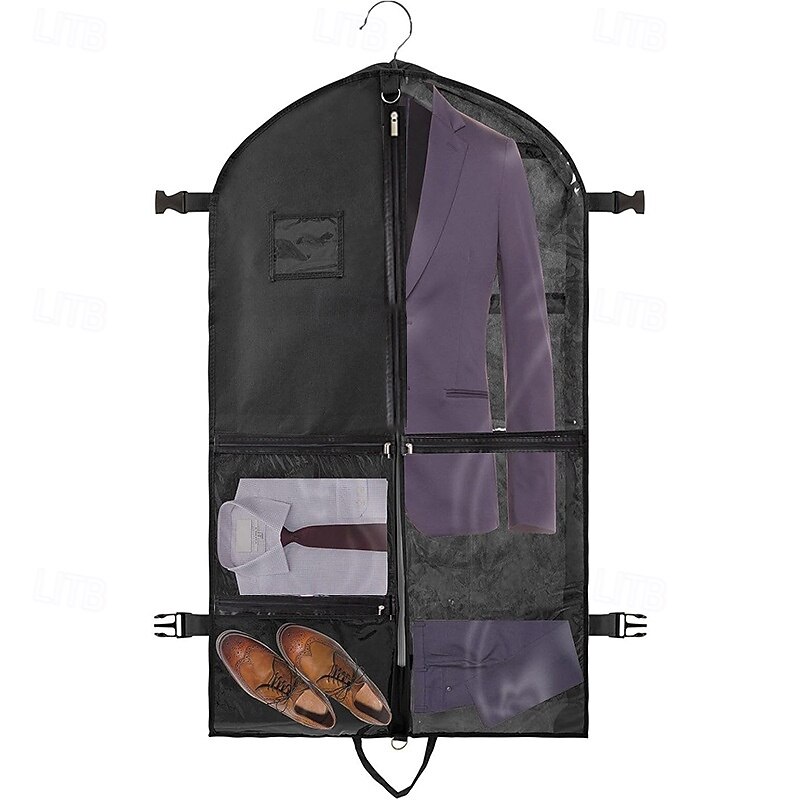 Suit Garment Bag with 4 Pockets and Buckle Strap, 110 x 60 cm Foldable Non-Woven Travel Clothes Cover with Carry Handle, Dustproof Storage Bag for Men's Coat, Jacket, Kids Clothing