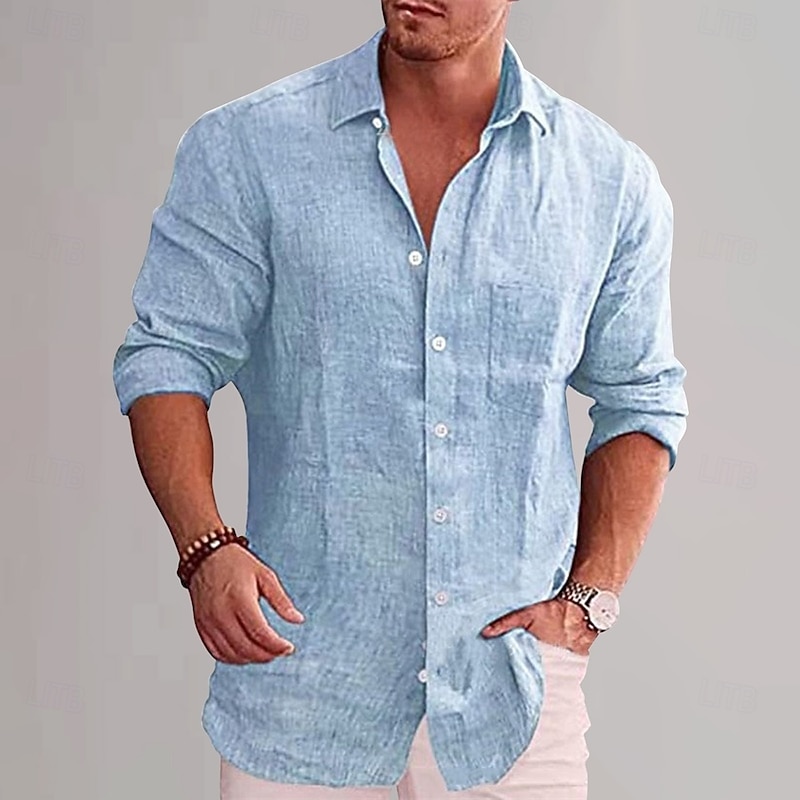 Men's Cotton Linen Shirt Plain Vacation Black White Wine Sky Blue Long Sleeve Lapel Clothing Apparel4