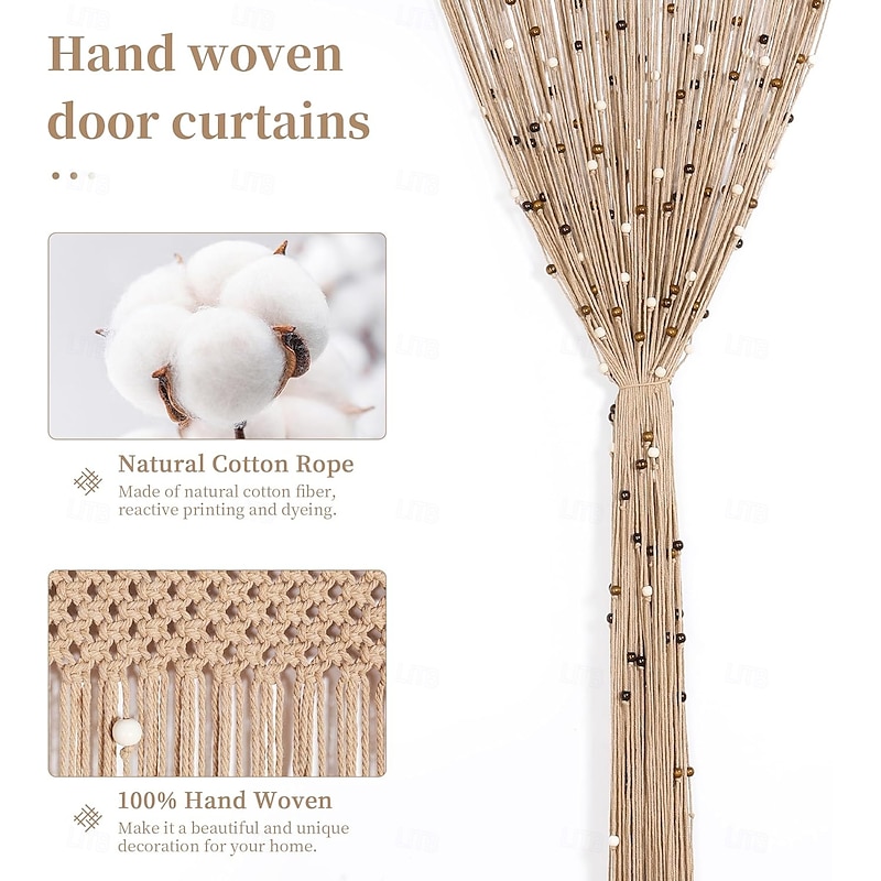 Boho Macrame Beaded Curtain Handmade Door String Curtain for Doorway Window Cotton Tassels Beads Hanging Hippie Room Divider Hallway Closet Bedroom Living Room Decor2