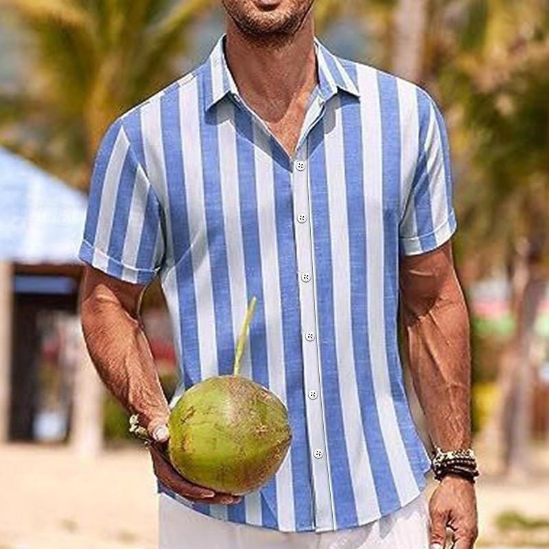 Men's Shirt Linen Shirt Summer Shirt Beach Shirt Summer Hawaiian Shirt Solid Color Vacation Street Blue Gray Short Sleeve Fold-over Collar Spring & Summer Clothing Apparel Patchwork