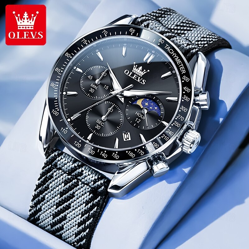 OLEVS 3630 Original Brand Watch for Men Waterproof Luminous Nylonr Strap Quartz Wristwatch Chronograph Mans Watches